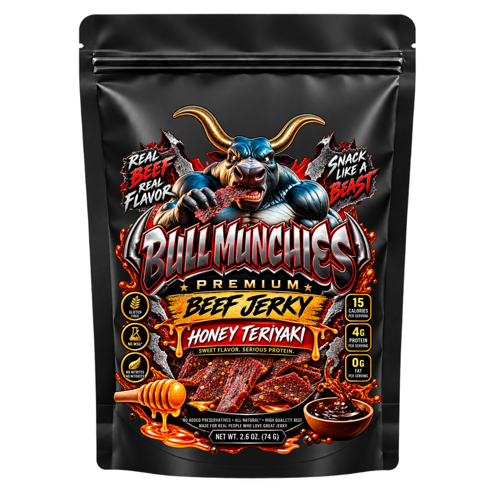 BULL MUNCHIES Honey Teriyaki beef jerky bag with our actual product label