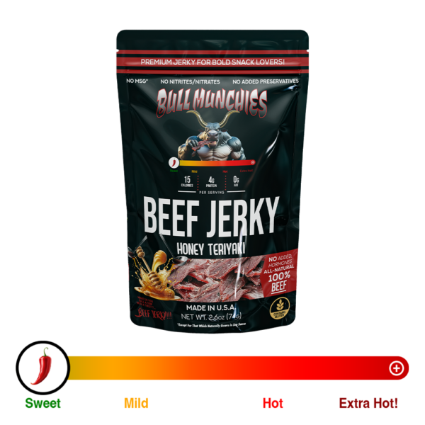 Bull Munchies Honey Teriyaki Beef Jerky packaging featuring a muscular bull character holding a piece of jerky. The package highlights ‘No Added Hormones,’ ‘All-Natural Beef Jerky,’ and ‘Net Wt. 2.6 oz (74 g).’ The jerky inside is visible in the lower part of the package.“​