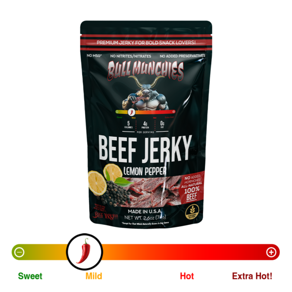 Bull Munchies Lemon Pepper Beef Jerky packaging featuring a muscular bull character holding a piece of jerky. The package highlights ‘No Added Hormones,’ ‘All-Natural Beef Jerky,’ and ‘Net Wt. 2.6 oz (74 g).’ The jerky inside is visible in the lower part of the package.“​