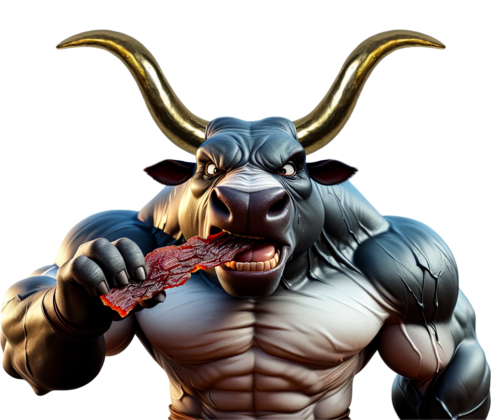 Bull Munchies logo featuring a muscular bull character biting into a piece of beef jerky.