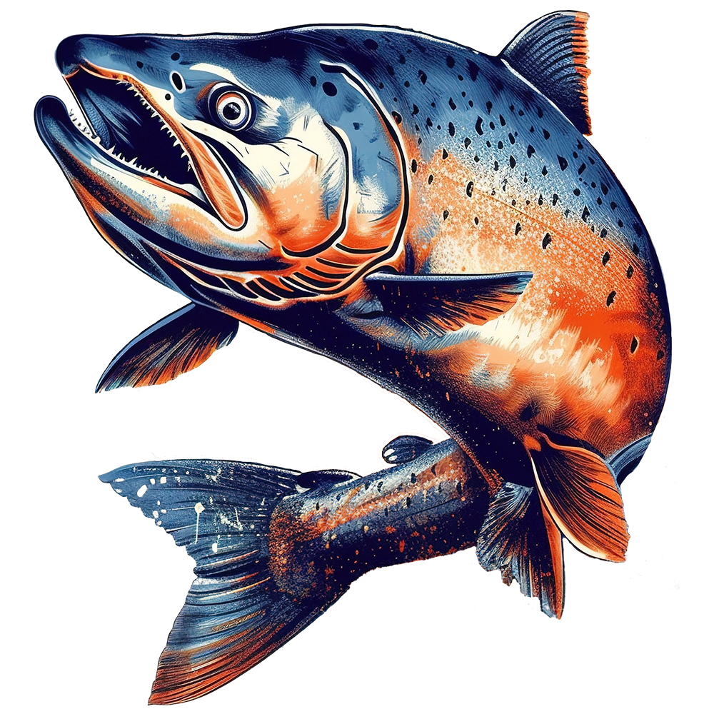 Illustration of a vibrant salmon, showcasing its intricate scales and bold orange and blue hues, with a dynamic pose highlighting its open mouth and flowing fins