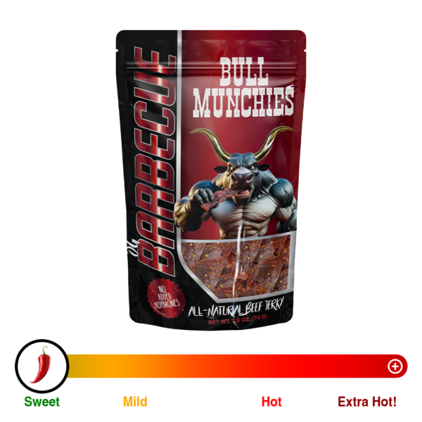 Beef jerky packaging for ‘Bull Munchies’ featuring a muscular bull with large, gold-tipped horns, aggressively biting into a piece of jerky. The bold text ‘BARBECUE’ runs vertically along the left side in black and red. The packaging also displays the words ‘No Added Hormones’ and ‘All-Natural Beef Jerky,’ along with a clear window showing the jerky inside. The design uses red and black as the primary colors to create a strong, intense branding.