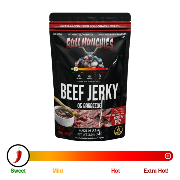 Beef jerky packaging for ‘Bull Munchies’ featuring a muscular bull with large, gold-tipped horns, aggressively biting into a piece of jerky. The bold text ‘BARBECUE’ runs vertically along the left side in black and red. The packaging also displays the words ‘No Added Hormones’ and ‘All-Natural Beef Jerky,’ along with a clear window showing the jerky inside. The design uses red and black as the primary colors to create a strong, intense branding.