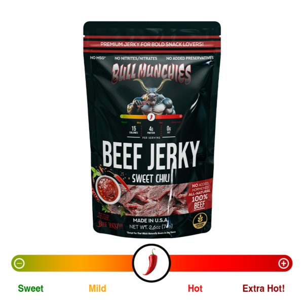 Bull Munchies Sweet Chilli Beef Jerky packaging featuring a muscular bull character holding a piece of jerky. The package highlights ‘No Added Hormones,’ ‘All-Natural Beef Jerky,’ and ‘Net Wt. 2.6 oz (74 g).’ The jerky inside is visible in the lower part of the package.“​