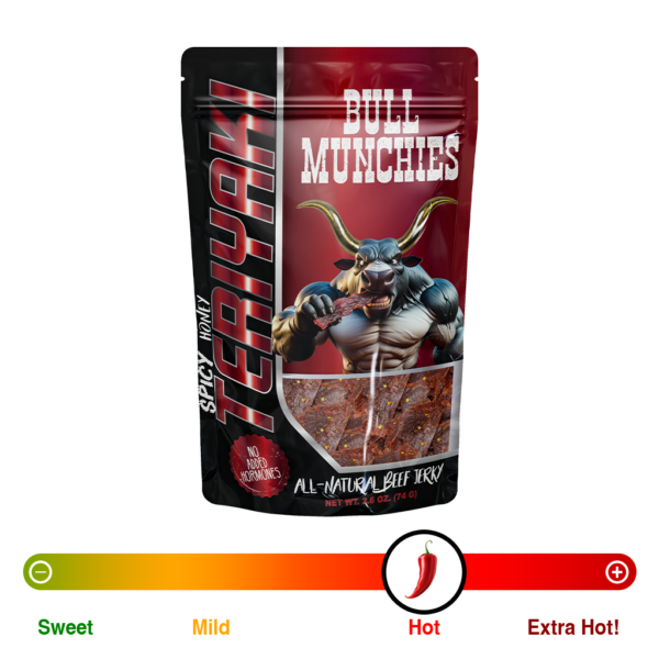 Bull Munchies Spicy Honey Teriaki Beef Jerky packaging featuring a muscular bull character holding a piece of jerky. The package highlights ‘No Added Hormones,’ ‘All-Natural Beef Jerky,’ and ‘Net Wt. 2.6 oz (74 g).’ The jerky inside is visible in the lower part of the package.