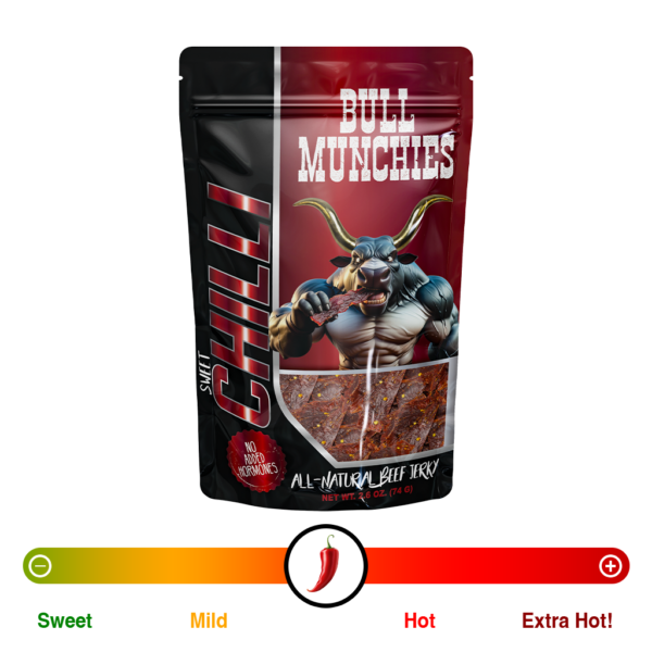 Bull Munchies Sweet Chilli Beef Jerky packaging featuring a muscular bull character holding a piece of jerky. The package highlights ‘No Added Hormones,’ ‘All-Natural Beef Jerky,’ and ‘Net Wt. 2.6 oz (74 g).’ The jerky inside is visible in the lower part of the package.“​